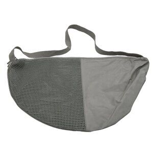 Large Gray Half-Moon Shoulder Bag With Mesh Detail & Zippered Closure
